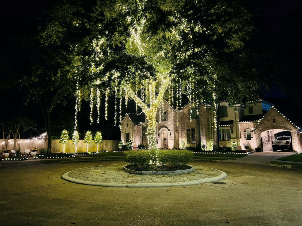 Residential landscape light installation on a tree by Holy Christmas Lights