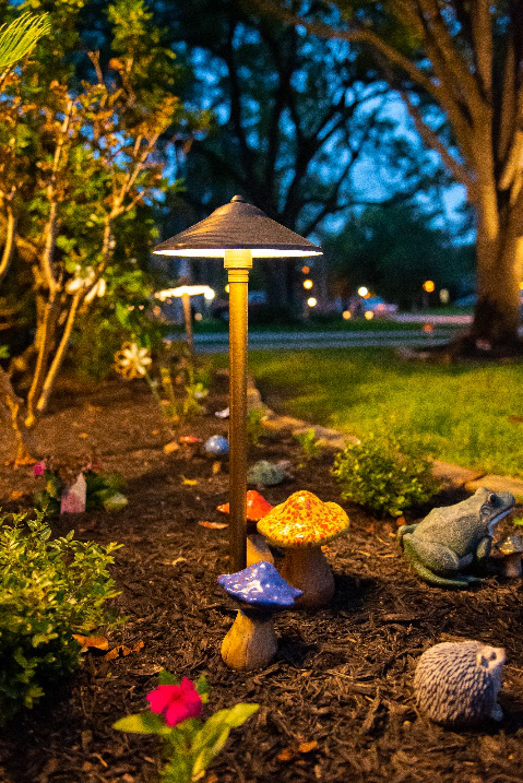 a garden light next to a bed of mushrooms