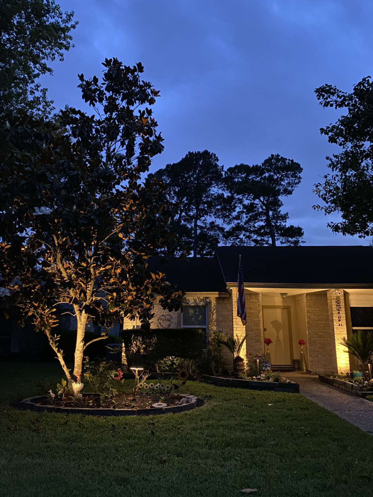 A house illuminated by landscape lights.