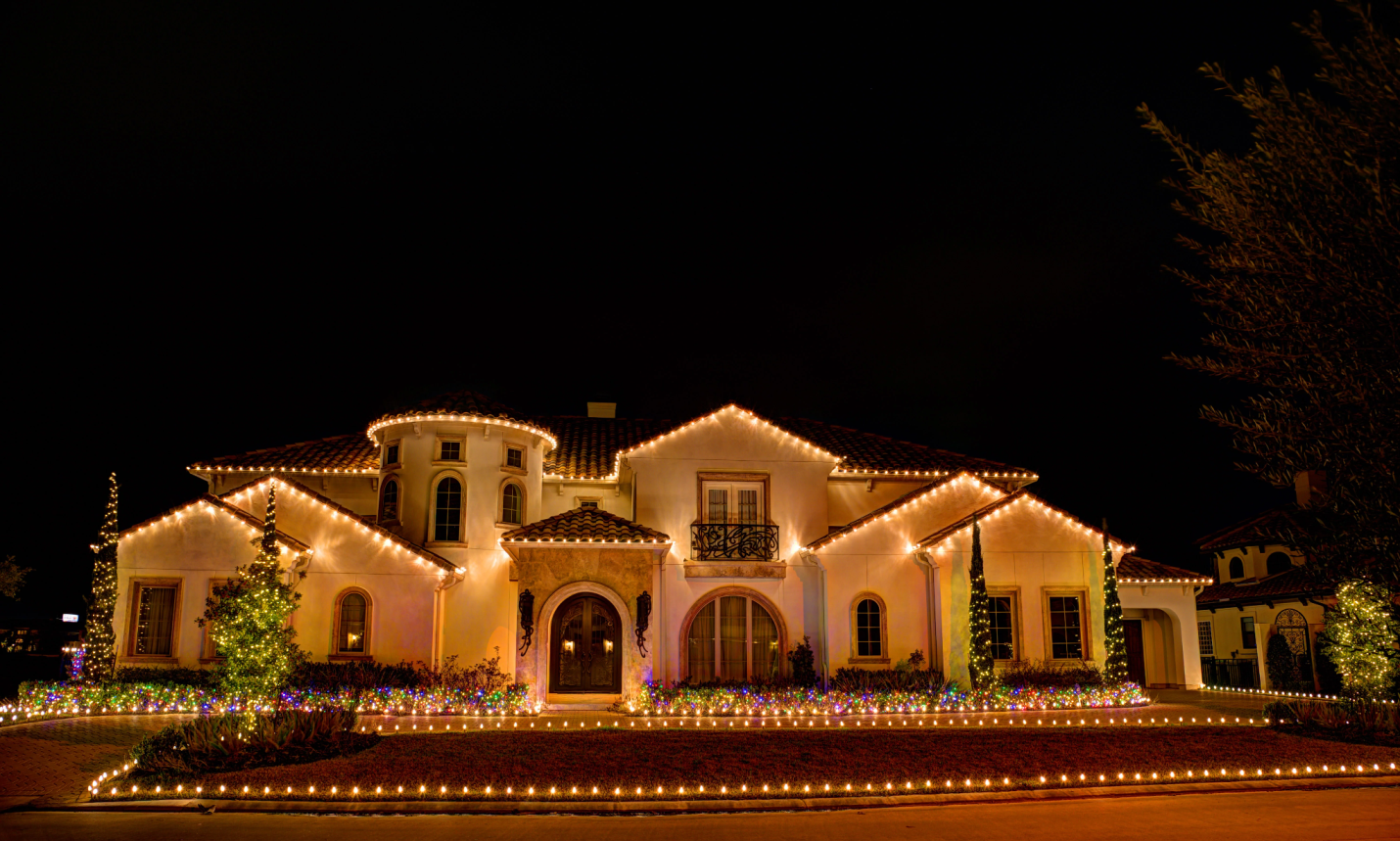 Festive Christmas lights display on a house 