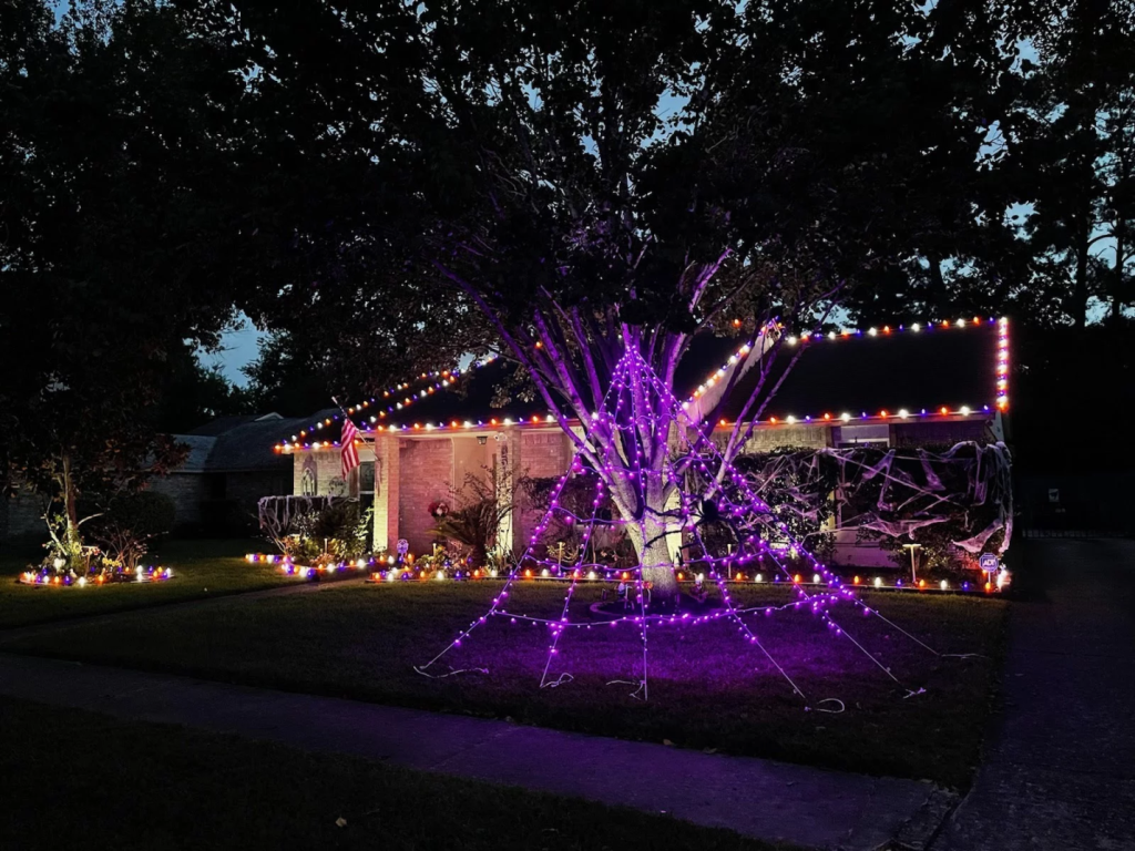 A house decorated in special Halloween Lighting