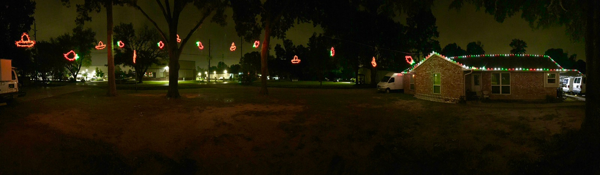 Business office decorated in holiday lighting 