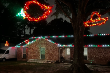 Business office decorated in holiday lighting