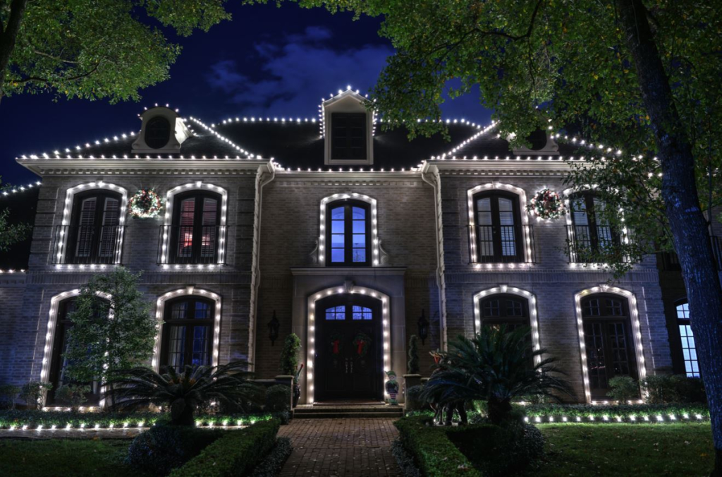 House decorated in white LED lights