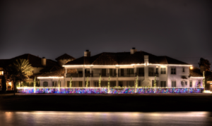 Backyard decorated with Christmas lights